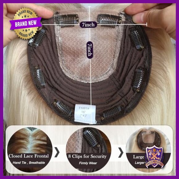 7x7 Human Hair Topper with Lace Front, 8 Clips for Thinning Hair